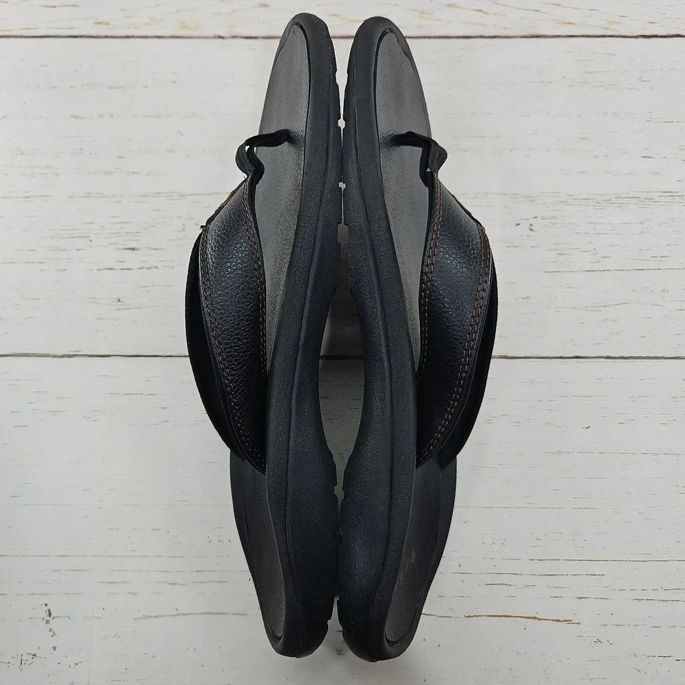 OluKai Ohana Leather Mens Size 12 Black Flip Flop Slip On Thong Sandals